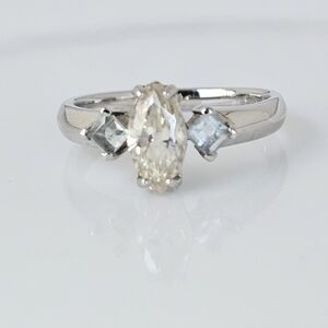 Elegant Strontium Titanate & Aquamarine Ring Sterling Silver Rhodium Finish Sz 8